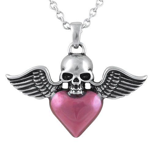 Winged Skull Heart Necklace Pink Enamel Gothic Pendant by Blue Asteria