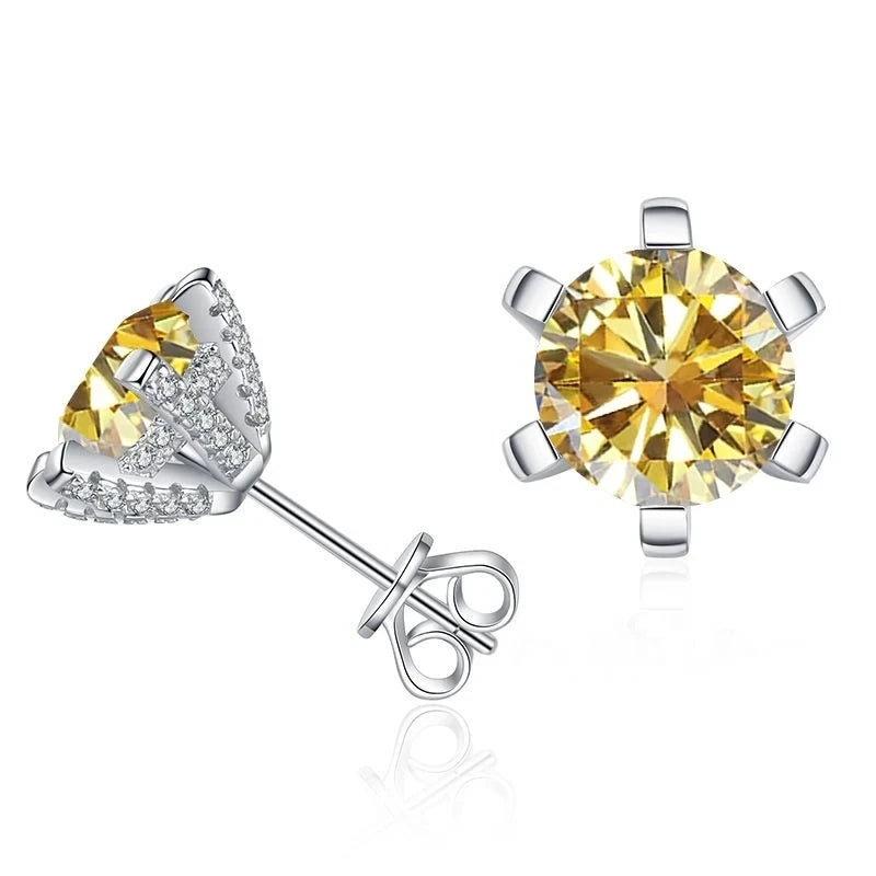 Colored Moissanite Stud Earrings with Sparkling Basket Settings - Golden yellow stones