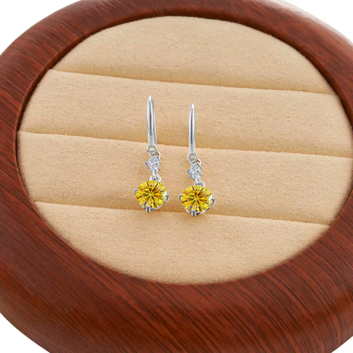 Colorful Moissanite Hook Drop Earrings in Sterling Silver — Golden Yellow / Silver