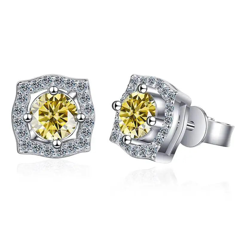 Moissanite Cushion Halo Stud Earrings in Sterling Silver — Lemon Yellow — BandsCo Straps