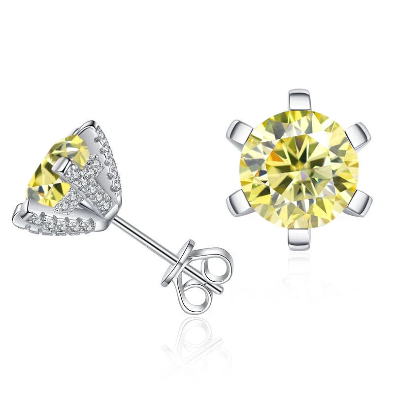 Colored Moissanite Stud Earrings with Sparkling Basket Settings - Lemon yellow stones