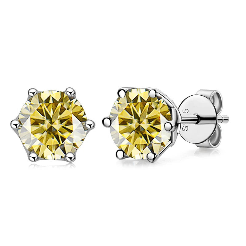 Colored Round Moissanite Stud Earrings in Sterling Silver - lemon yellow stones