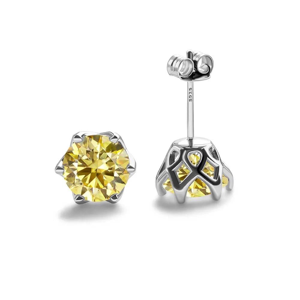 Colored Crown-Basket Moissanite Stud Earrings in Sterling Silver — Lemon yellow
