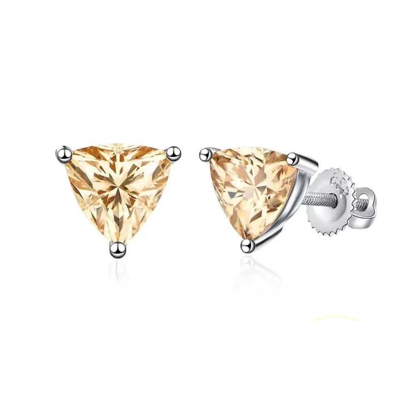 Yellow Trillion Moissanite Stud Earrings in Sterling Silver — Yellow trillion screw-back studs