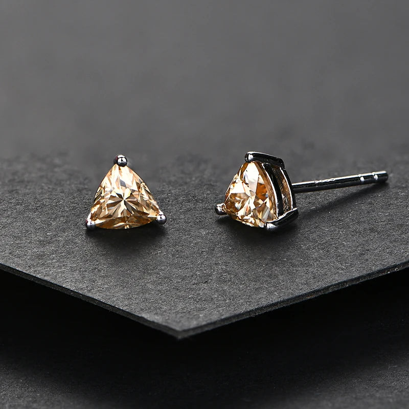Yellow Trillion Moissanite Stud Earrings in Sterling Silver — Yellow trillion posts and settings