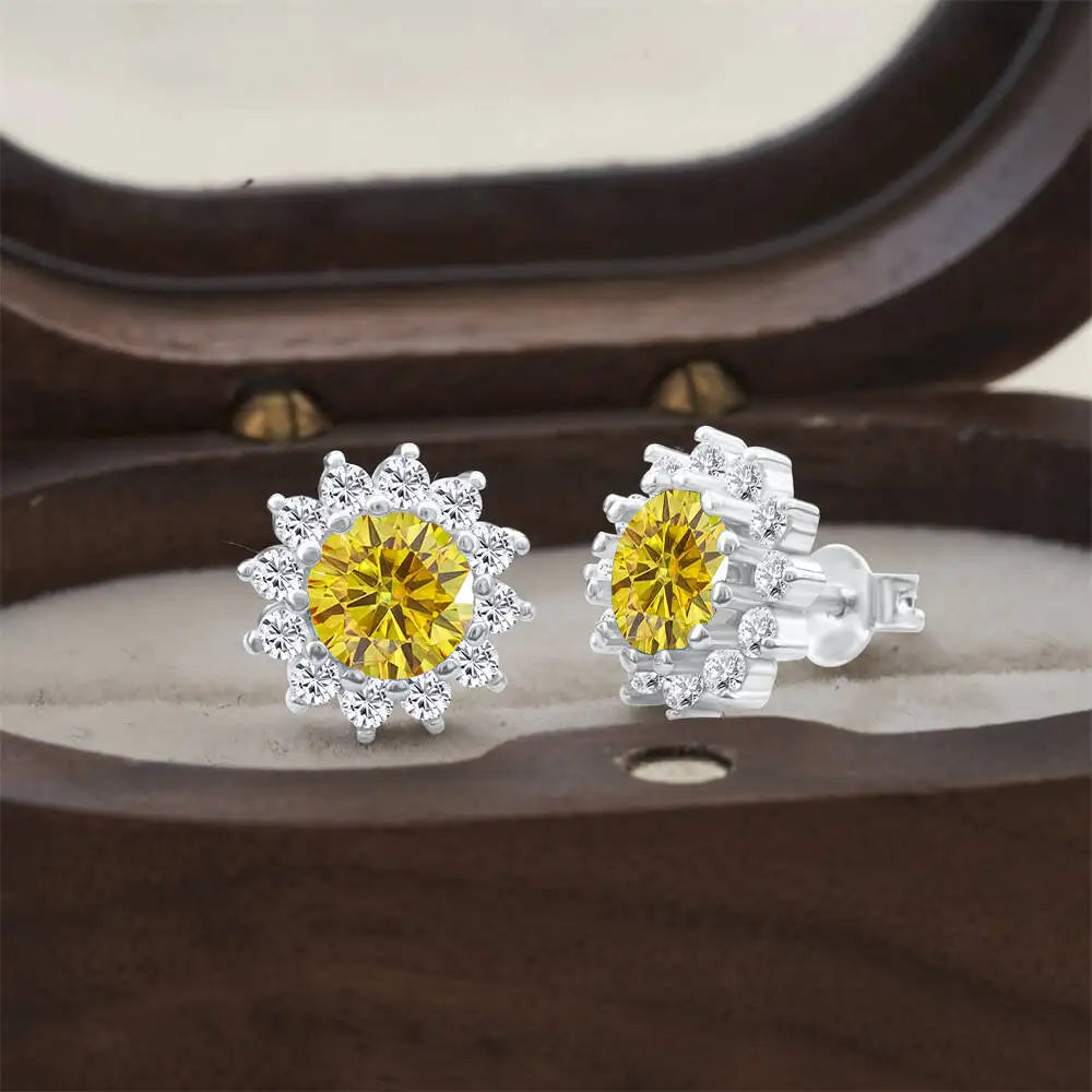 Moissanite Sunburst Halo Stud Earrings in Sterling Silver — Golden Yellow — BandsCo Straps